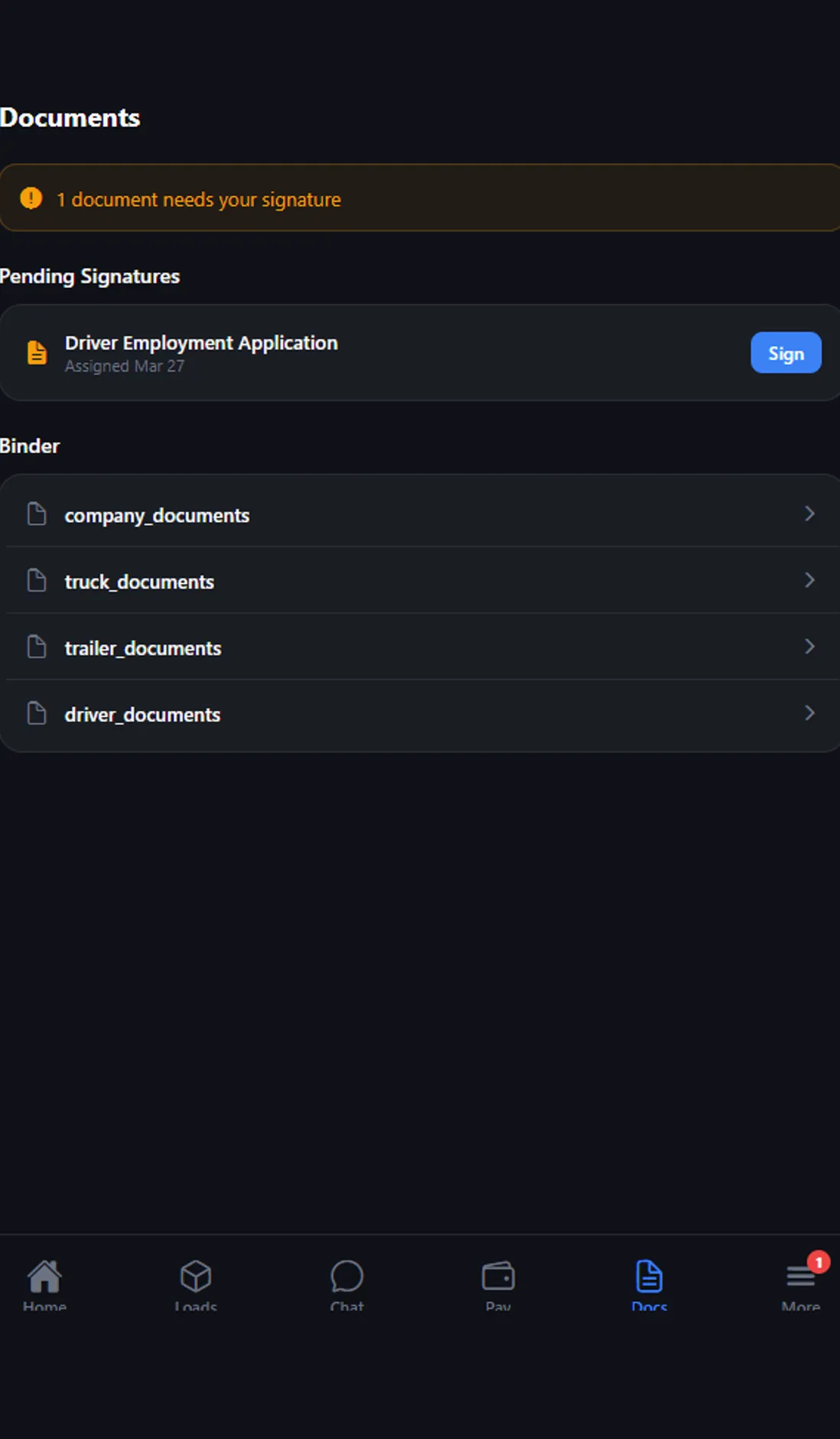 Strivie Driver app documents screen with a pending signature and document binder