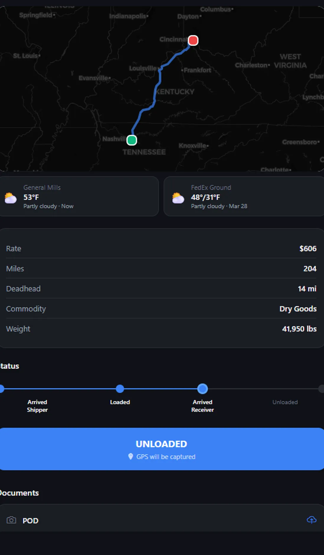 Strivie Driver app load detail with rate, miles, status timeline, and POD upload
